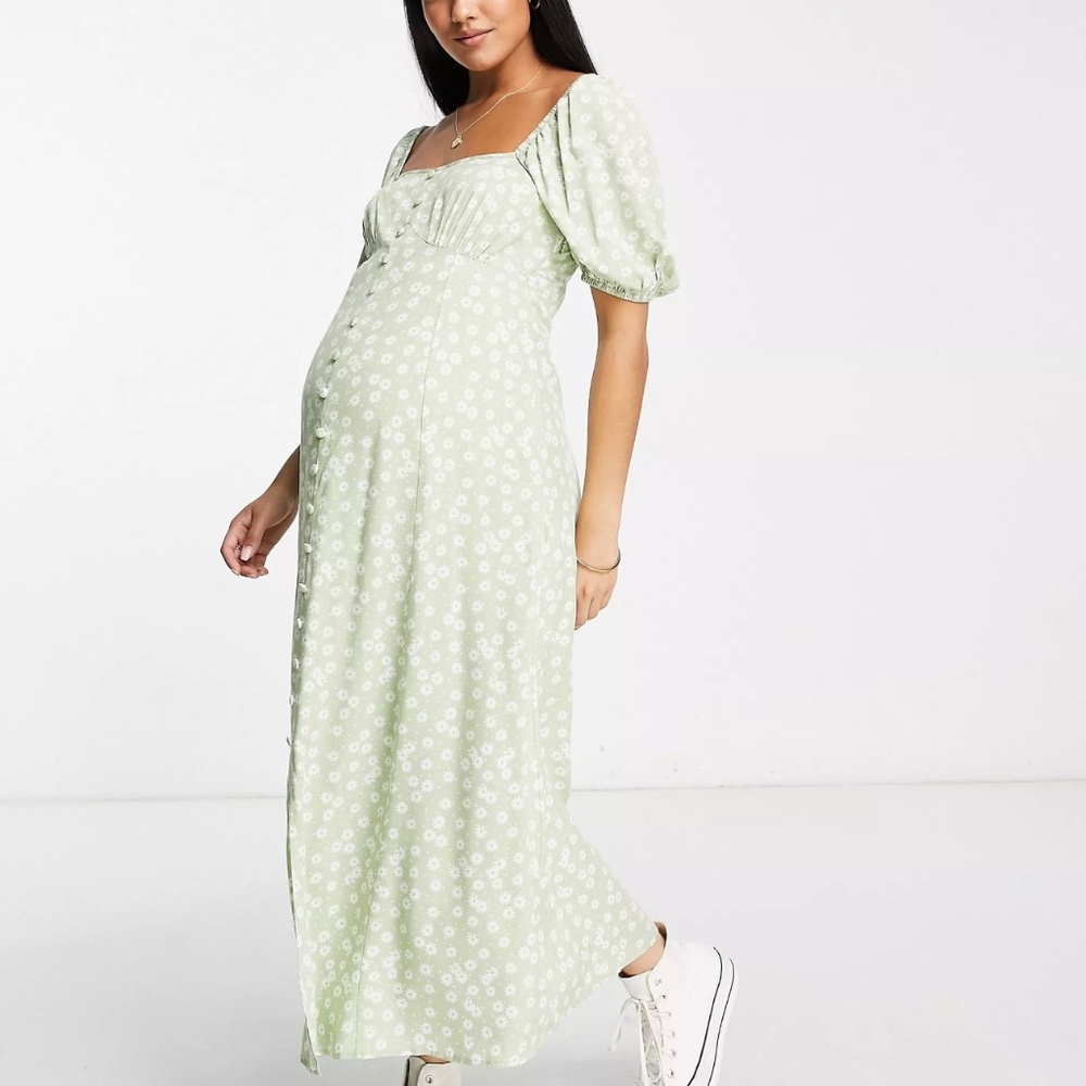 ASOS DESIGN Maternity button midi tea dress in sage green floral sz 4